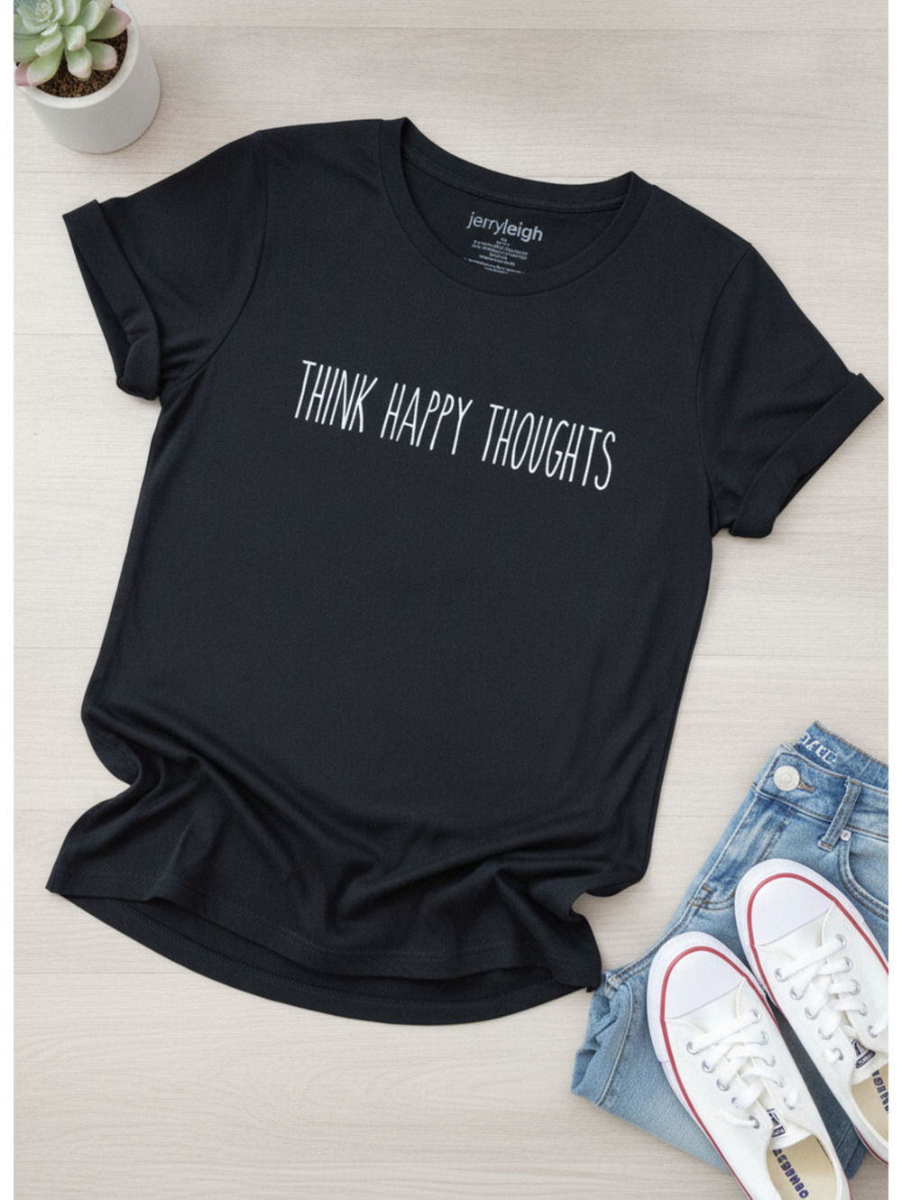 Jerry Leigh Black Think Happy Thoughts Graphic T-Shirt Large Casual Short Sleeve